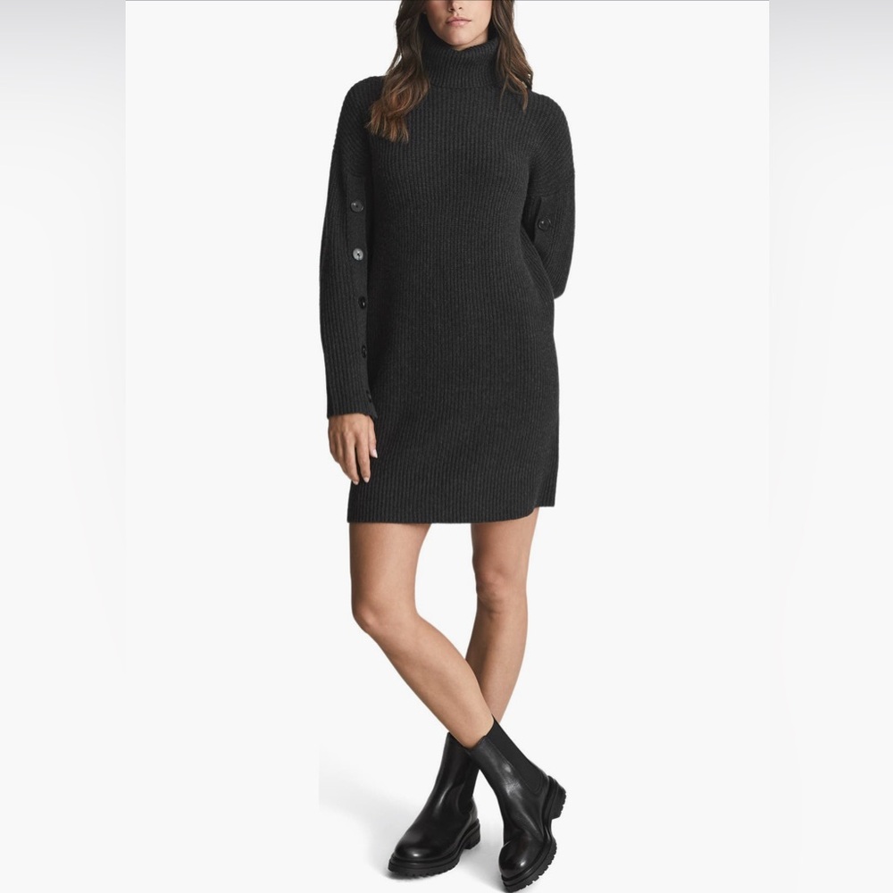 Reiss Maggie Long Sleeve Turtleneck Sweater Dress, Charcoal, Size Medium